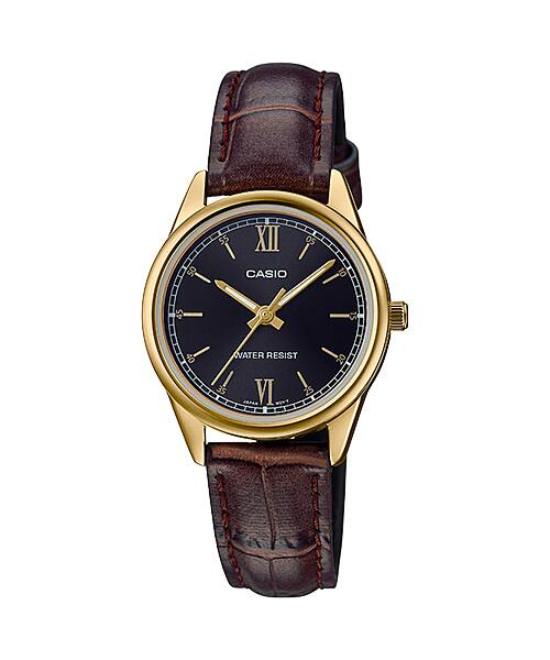 Casio LTP-V005GL-1B2 women's gold watch with black dial and brown leather band price in Pakistan