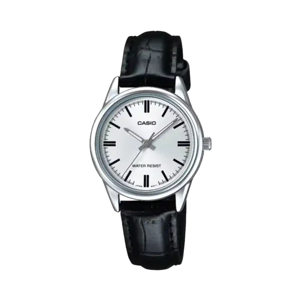 Casio LTP-V005L-7A women's silver watch with white dial and black leather band price in Pakistan
