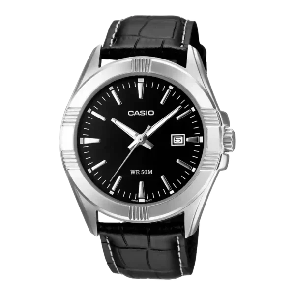 Casio MTP-1308L-1AV black dial wrist watch with black leather band in Pakistan