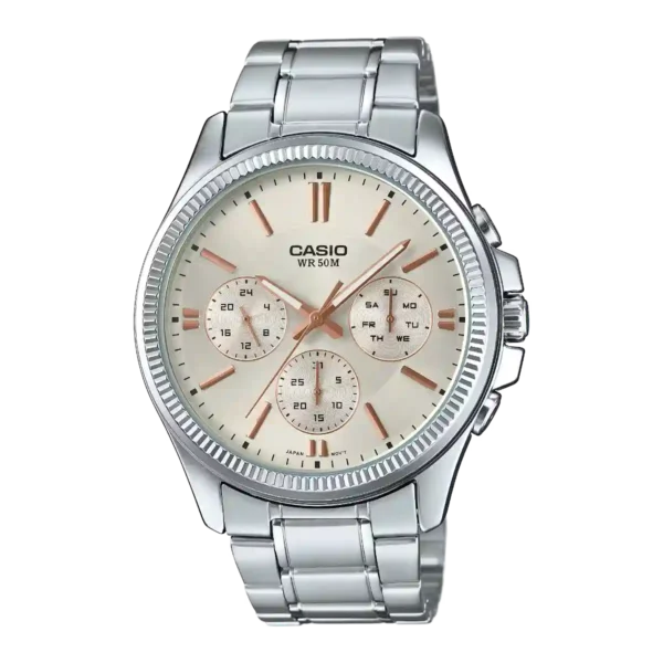 MTP-1375D-7A2V price in Pakistan - Casio multi-dial watch with rose gold accent