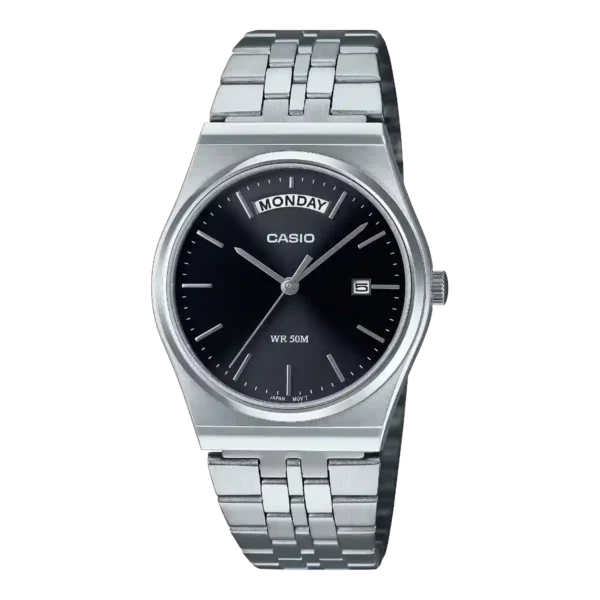Casio MTP-B146D-1AV price in Pakistan - retro black dial day date watch