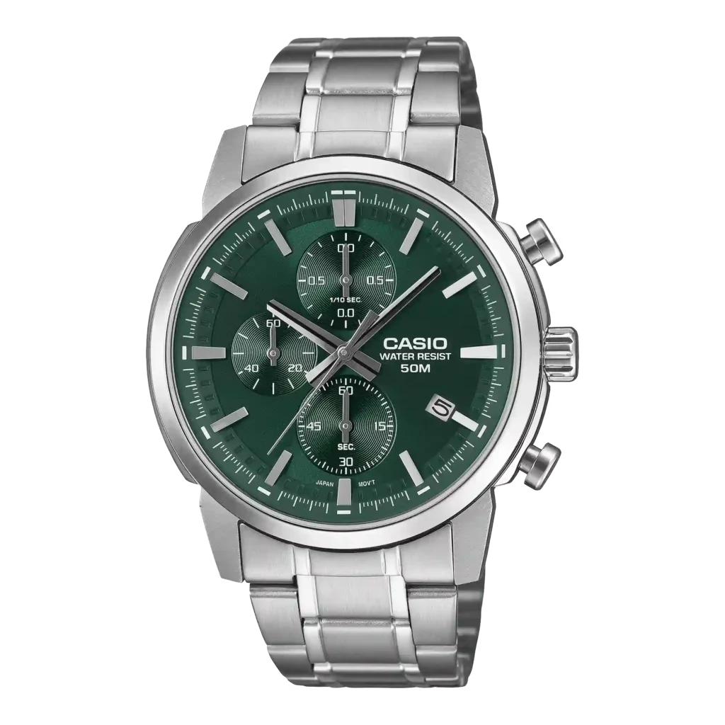 Casio MTP-E510D-3AV price in Pakistan — green dial chronograph steel watch