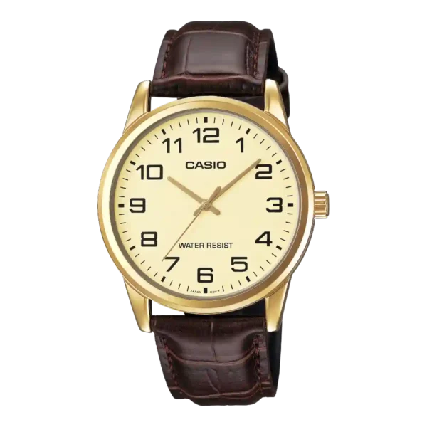 Casio MTP-V001GL-9B price in Pakistan - gold tone champagne dial leather watch