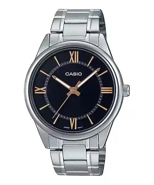 MTP-V005D-1B5 price in Pakistan – Casio black dial rose gold Roman numeral steel watch