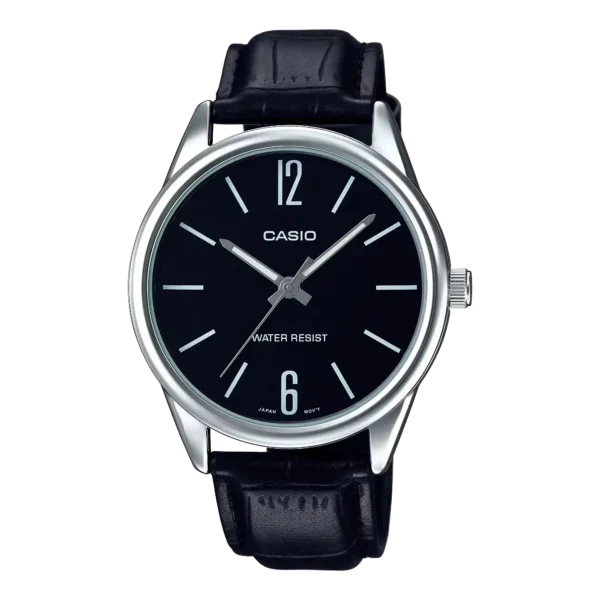 MTP-V005L-1B price in Pakistan – Casio black dial watch with black textured leather band