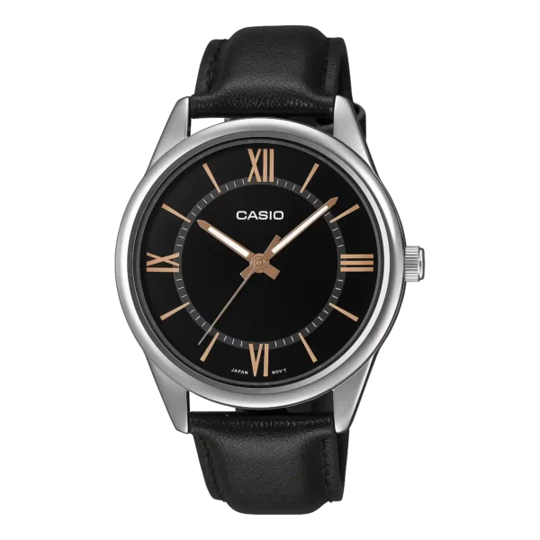MTP-V005L-1B5 price in Pakistan – Casio black Roman dial watch with black leather band
