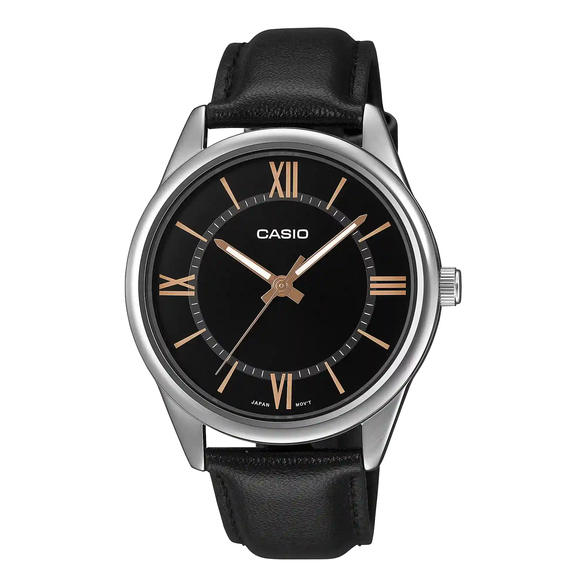 MTP-V005L-1B5 MTP-V005L-1B5 price in Pakistan – Casio black Roman dial watch with black leather band