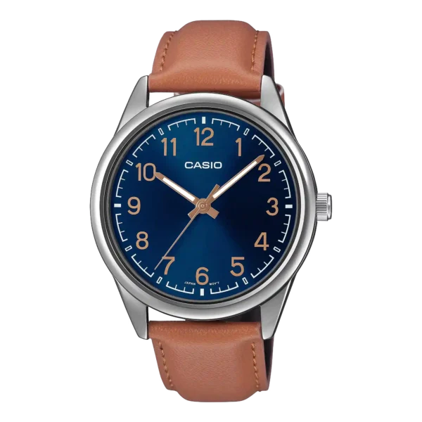 MTP-V005L-2B4 price in Pakistan – Casio blue Arabic dial watch with brown leather strap