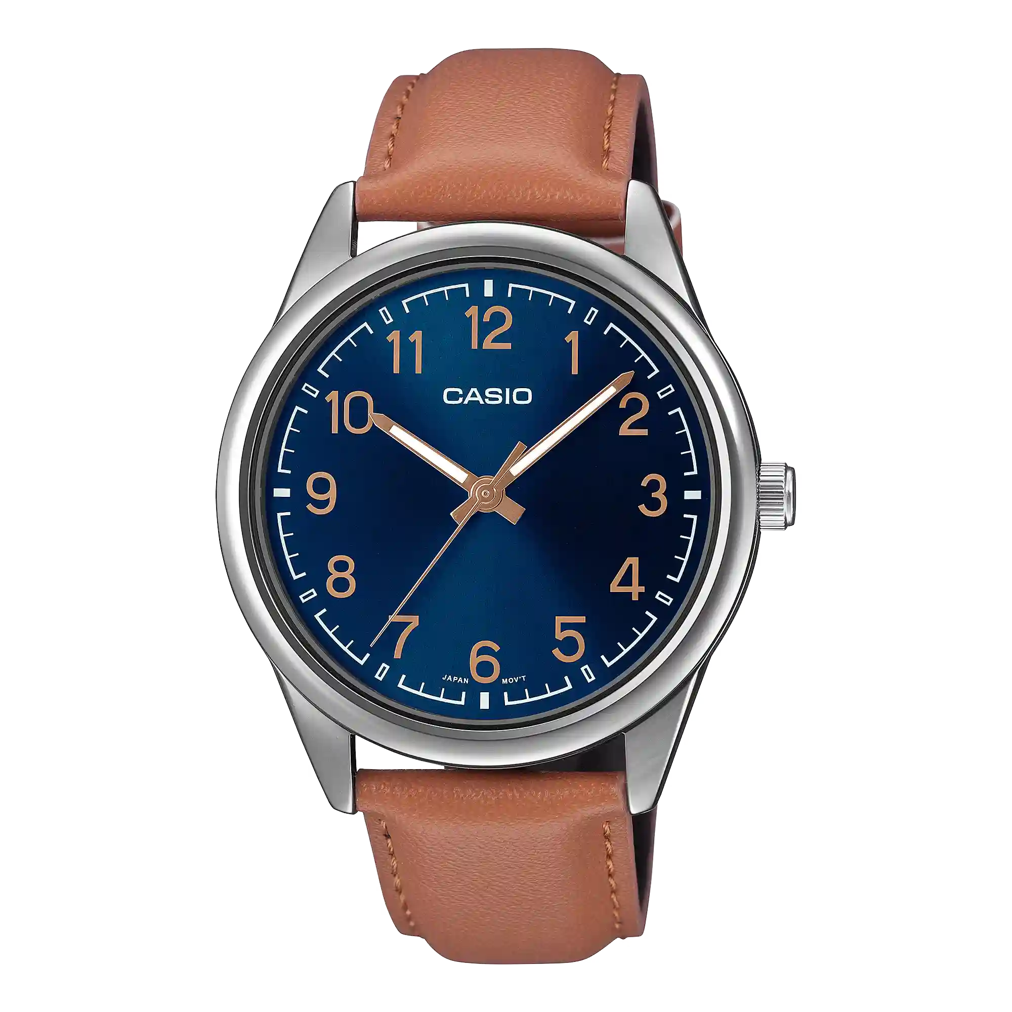 MTP-V005L-2B4 MTP-V005L-2B4 price in Pakistan – Casio blue Arabic dial watch with brown leather strap