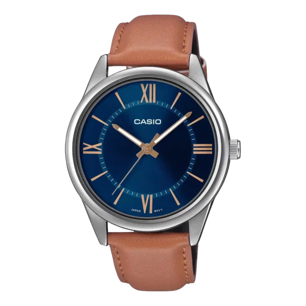 MTP-V005L-2B5 price in Pakistan – Casio blue dial watch with brown leather band