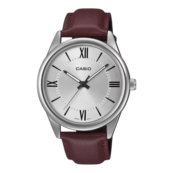 MTP-V005L-7B5 price in Pakistan – Casio silver Roman dial watch with burgundy leather band