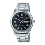 MTP-V006D-1B price in Pakistan – Casio black Roman dial steel watch with day and date