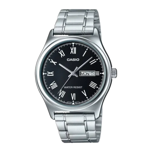 MTP-V006D-1B price in Pakistan – Casio black Roman dial steel watch with day and date