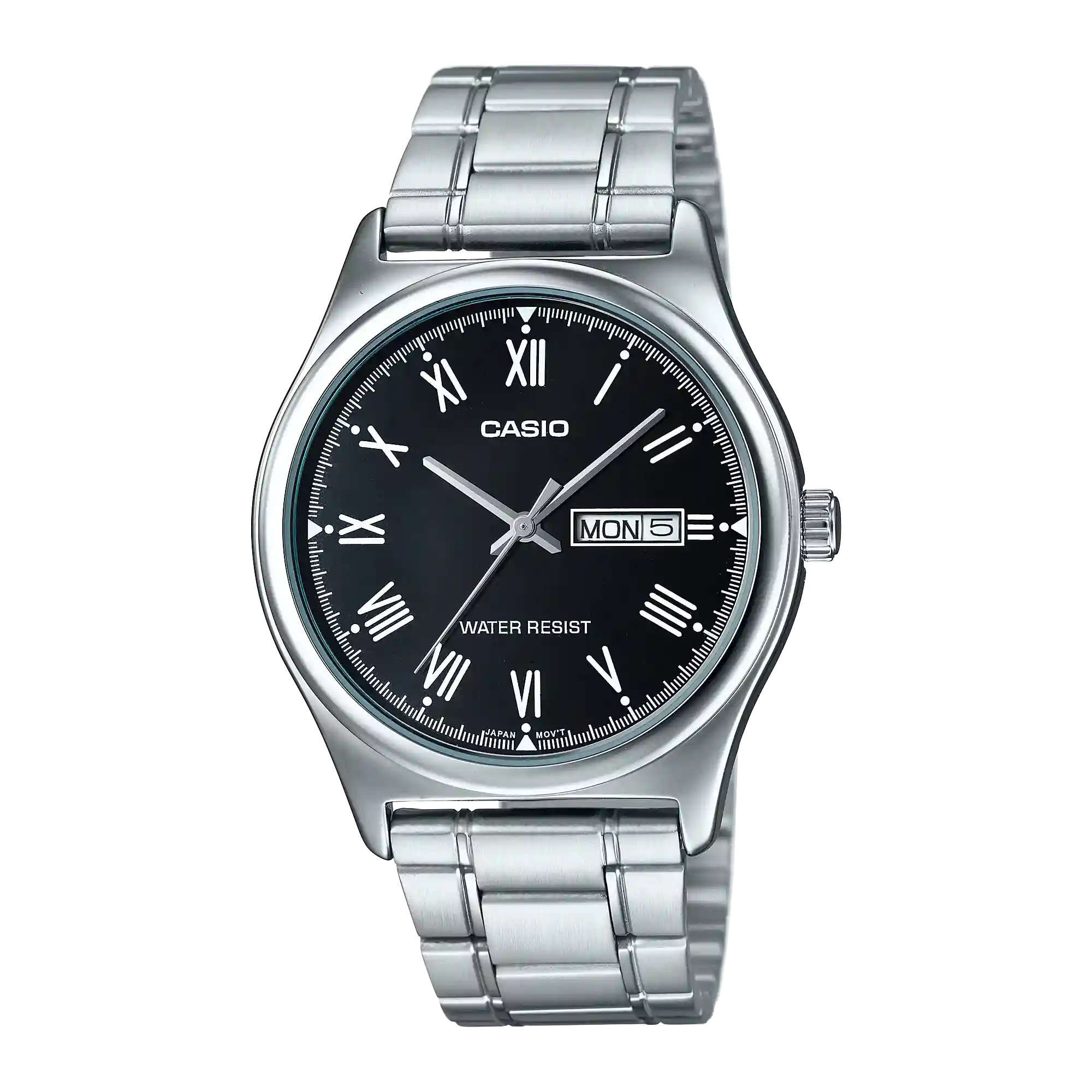 MTP-V006D-1B MTP-V006D-1B price in Pakistan – Casio black Roman dial steel watch with day and date