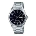 MTP-V006D-1B2 price in Pakistan – Casio black Arabic dial steel watch with day and date