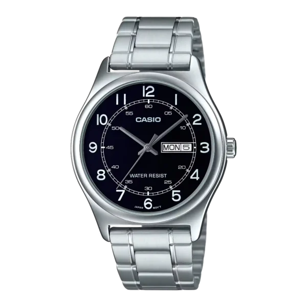 MTP-V006D-1B2 price in Pakistan – Casio black Arabic dial steel watch with day and date