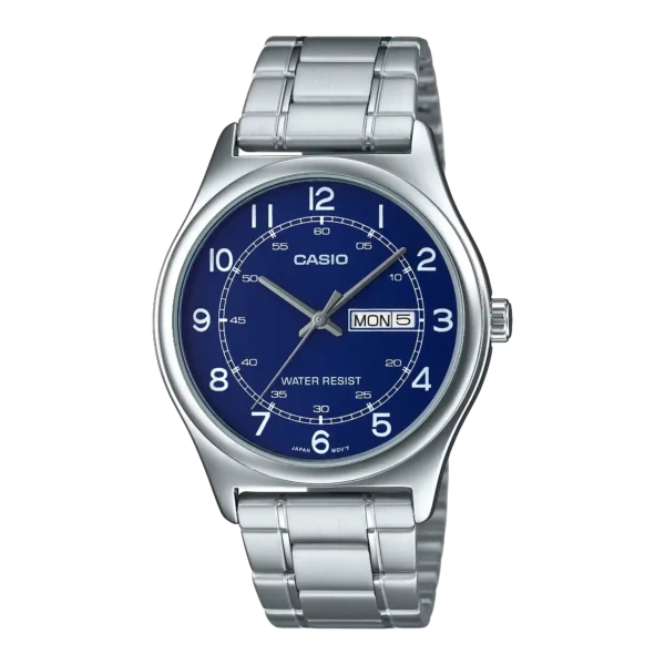 MTP-V006D-2B price in Pakistan – Casio blue Arabic dial steel watch with day and date