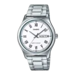 MTP-V006D-7B price in Pakistan – Casio white Roman dial steel watch with day and date