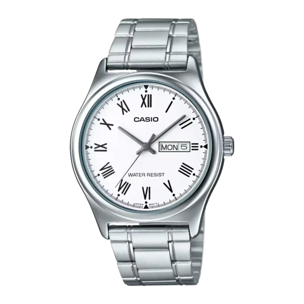 MTP-V006D-7B price in Pakistan – Casio white Roman dial steel watch with day and date