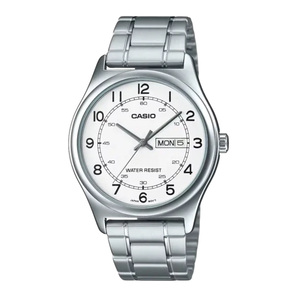 MTP-V006D-7B2 price in Pakistan – Casio white Arabic dial steel watch with day and date