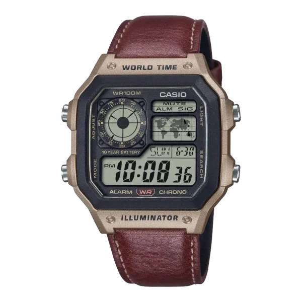 Casio AE-1200WHL-5AV price in Pakistan digital world time watch with brown leather strap