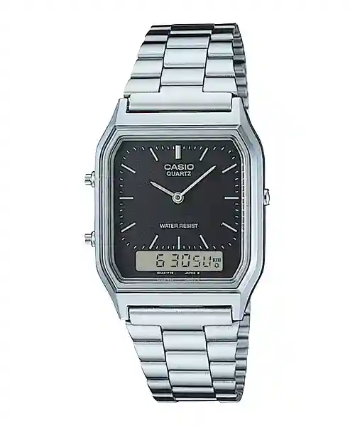 Casio AQ-230A-1DMQ price in Pakistan retro analog digital watch with black dial and steel bracelet