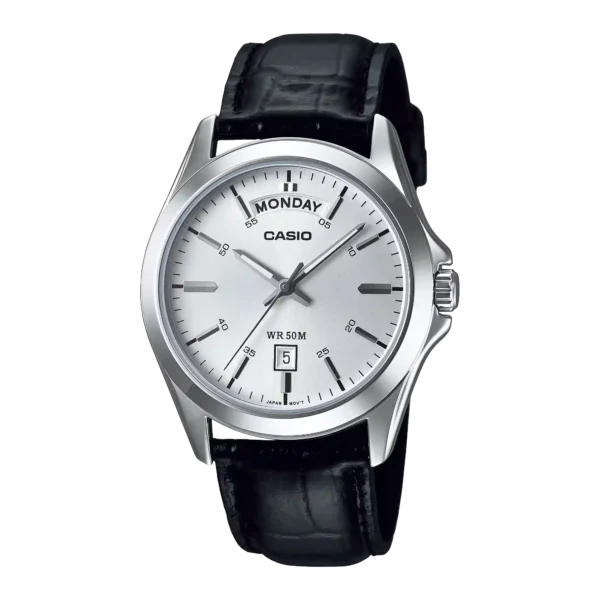 Casio MTP-1370L-7AV price in Pakistan men's silver dial analog watch with black leather strap and day date
