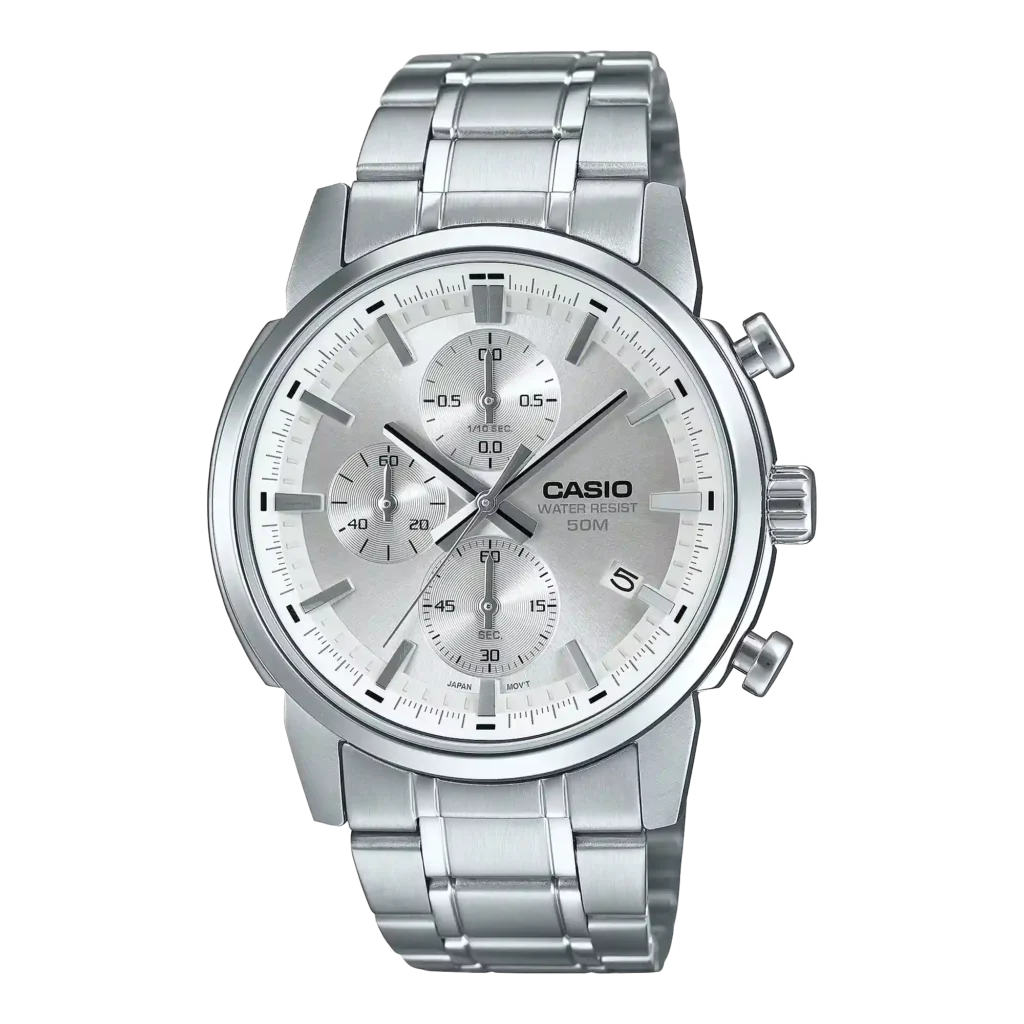 Casio MTP-E510D-7AV price in Pakistan silver dial men's chronograph watch with stainless steel band