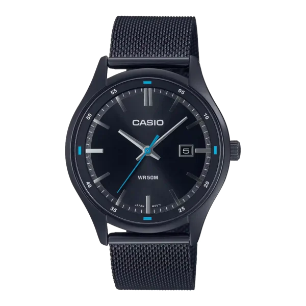 Casio MTP-E710MB-1AV price in Pakistan black dial men's analog watch with black stainless steel mesh band