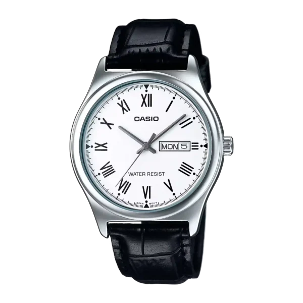 Casio MTP-V006L-7B price in Pakistan men's white Roman dial analog watch with black leather strap