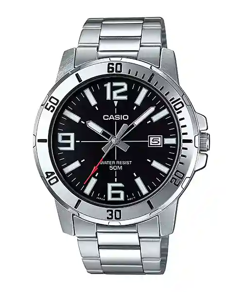 Casio MTP-VD01D-1BV price in Pakistan - men's stainless steel watch with black dial and date display