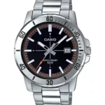 Casio MTP-VD01D-1E2V price in Pakistan - men's stainless steel watch with black dial and orange accents