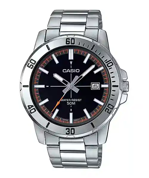 Casio MTP-VD01D-1E2V price in Pakistan - men's stainless steel watch with black dial and orange accents