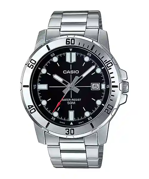 Casio MTP-VD01D-1EV price in Pakistan - men's stainless steel watch with black dial and red second hand