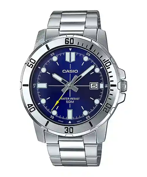 Casio MTP-VD01D-2EV price in Pakistan - men's stainless steel watch with blue dial and yellow second hand