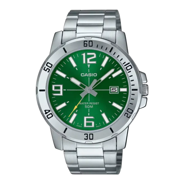 Casio MTP-VD01D-3BV price in Pakistan - men's stainless steel watch with green dial and date display