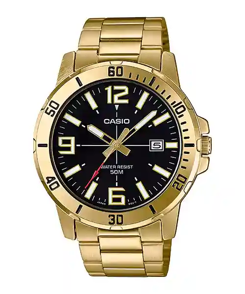 Casio MTP-VD01G-1BV price in Pakistan - men's gold tone watch with black dial and red second hand
