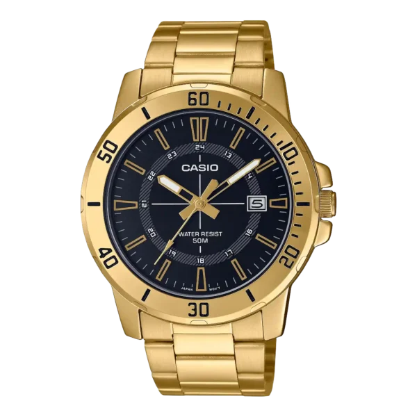 Casio MTP-VD01G-1CV price in Pakistan - men's gold tone watch with black dial and date display