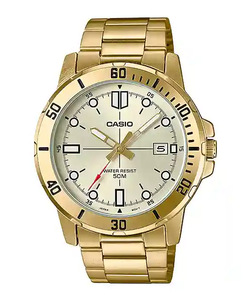 Casio MTP-VD01G-9EV price in Pakistan - men's gold tone watch with champagne dial and red second hand