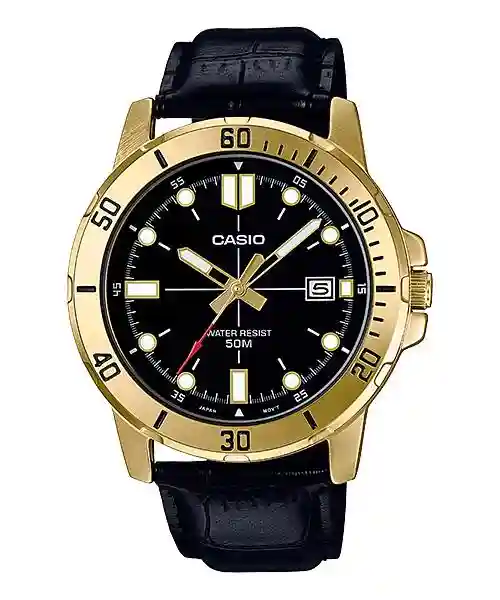 MTP-VD01GL-1EV Casio MTP-VD01GL-1EV price in Pakistan - men's gold tone watch with black dial and black leather strap