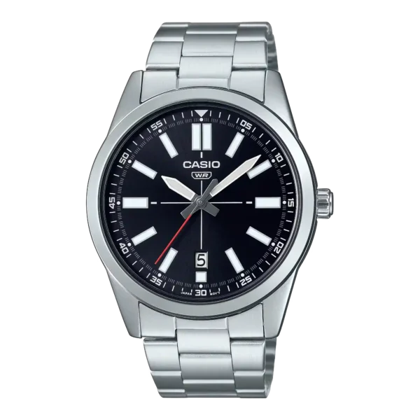 Casio MTP-VD02D-1E price in Pakistan - men's stainless steel watch with black dial and red second hand