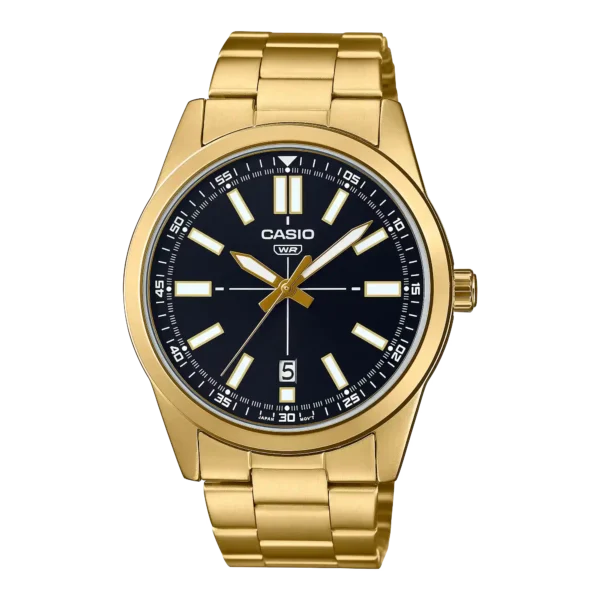 Casio MTP-VD02G-1E price in Pakistan - men's gold tone watch with black dial and date display