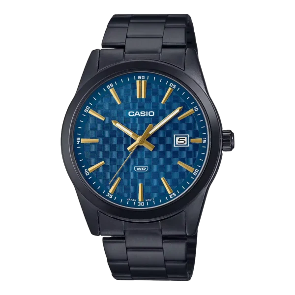 Casio MTP-VD03B-2A price in Pakistan - men's black steel watch with textured blue dial and date display