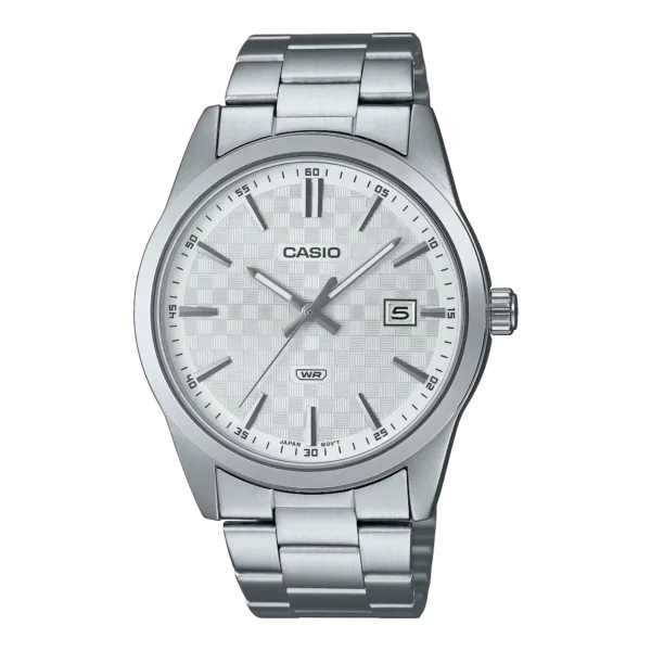 Casio MTP-VD03D-7A price in Pakistan - men's stainless steel watch with textured silver dial and date display