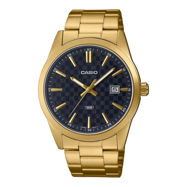 Casio MTP-VD03G-1A price in Pakistan - men's gold tone watch with textured black dial and date display