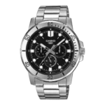 Casio MTP-VD300D-1E price in Pakistan - men's stainless steel watch with black dial and three sub-dials