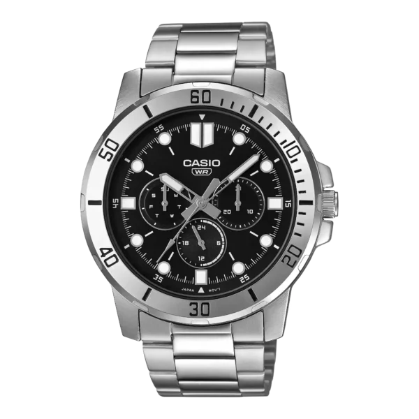 Casio MTP-VD300D-1E price in Pakistan - men's stainless steel watch with black dial and three sub-dials