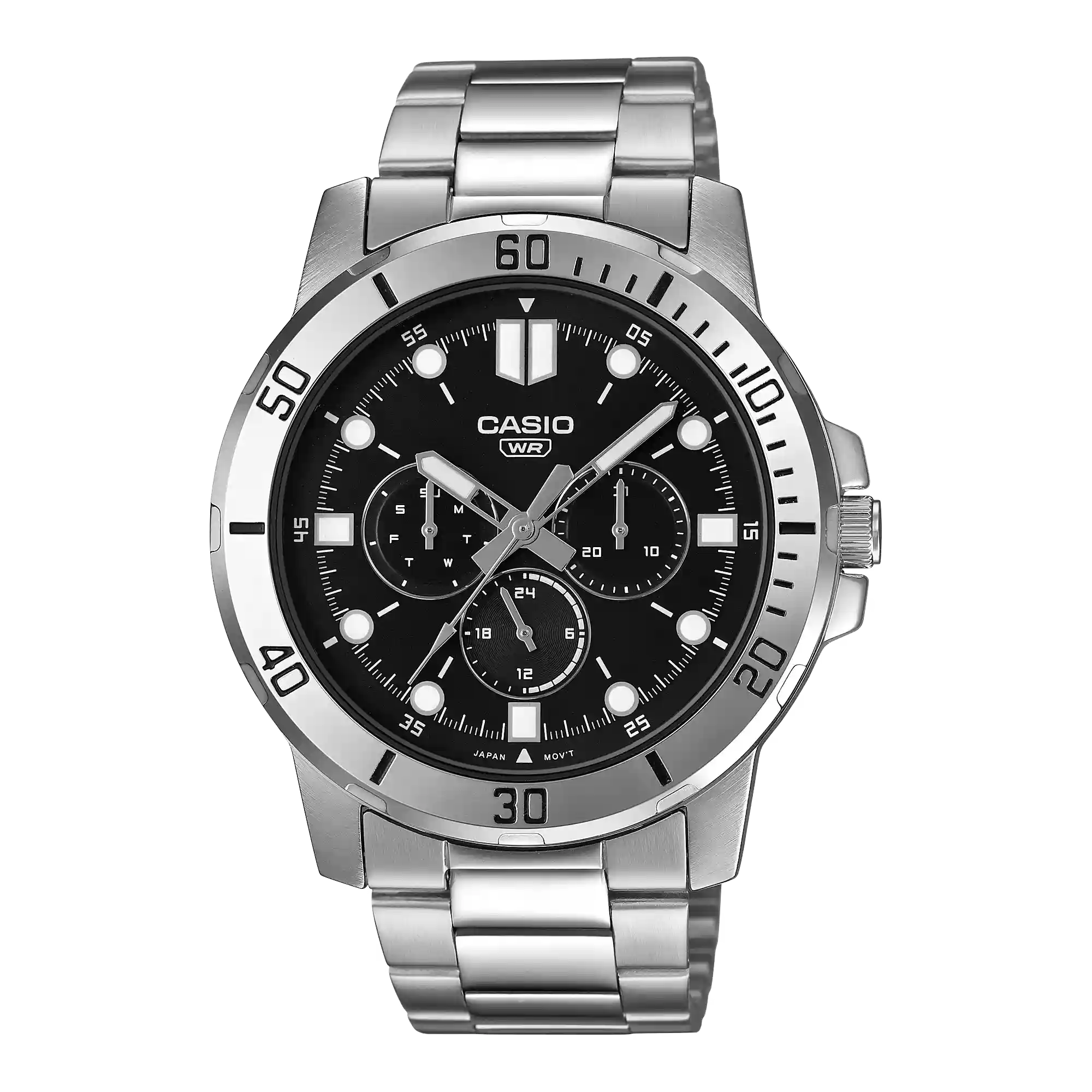 MTP-VD300D-1E Casio MTP-VD300D-1E price in Pakistan - men's stainless steel watch with black dial and three sub-dials
