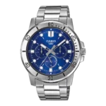Casio MTP-VD300D-2E price in Pakistan - men's stainless steel watch with blue dial and three sub-dials