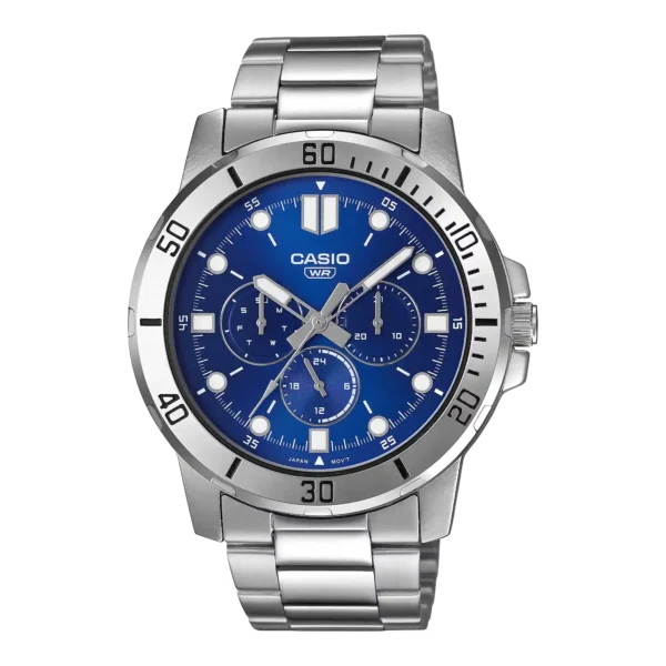 Casio MTP-VD300D-2E price in Pakistan - men's stainless steel watch with blue dial and three sub-dials